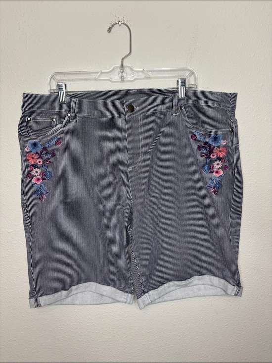 CJ Banks Pants - CJ Banks Navy Pinstripe Floral Embroidered Jean Shorts